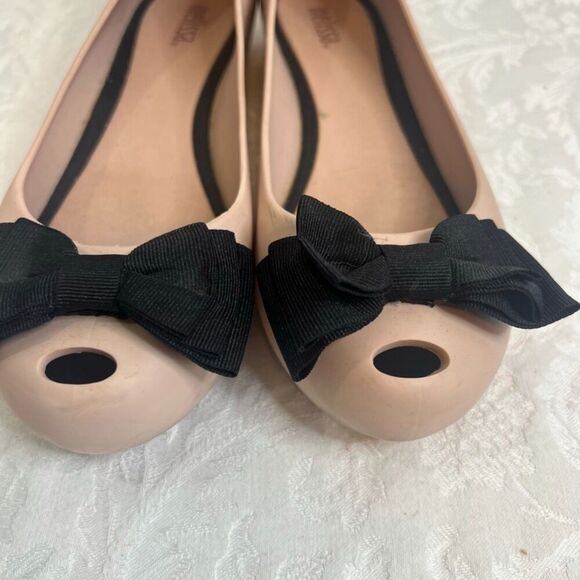 Melissa Pink Ballet Flats with Black Bow Rubber Slip On Size 7 - Picture 7 of 11
